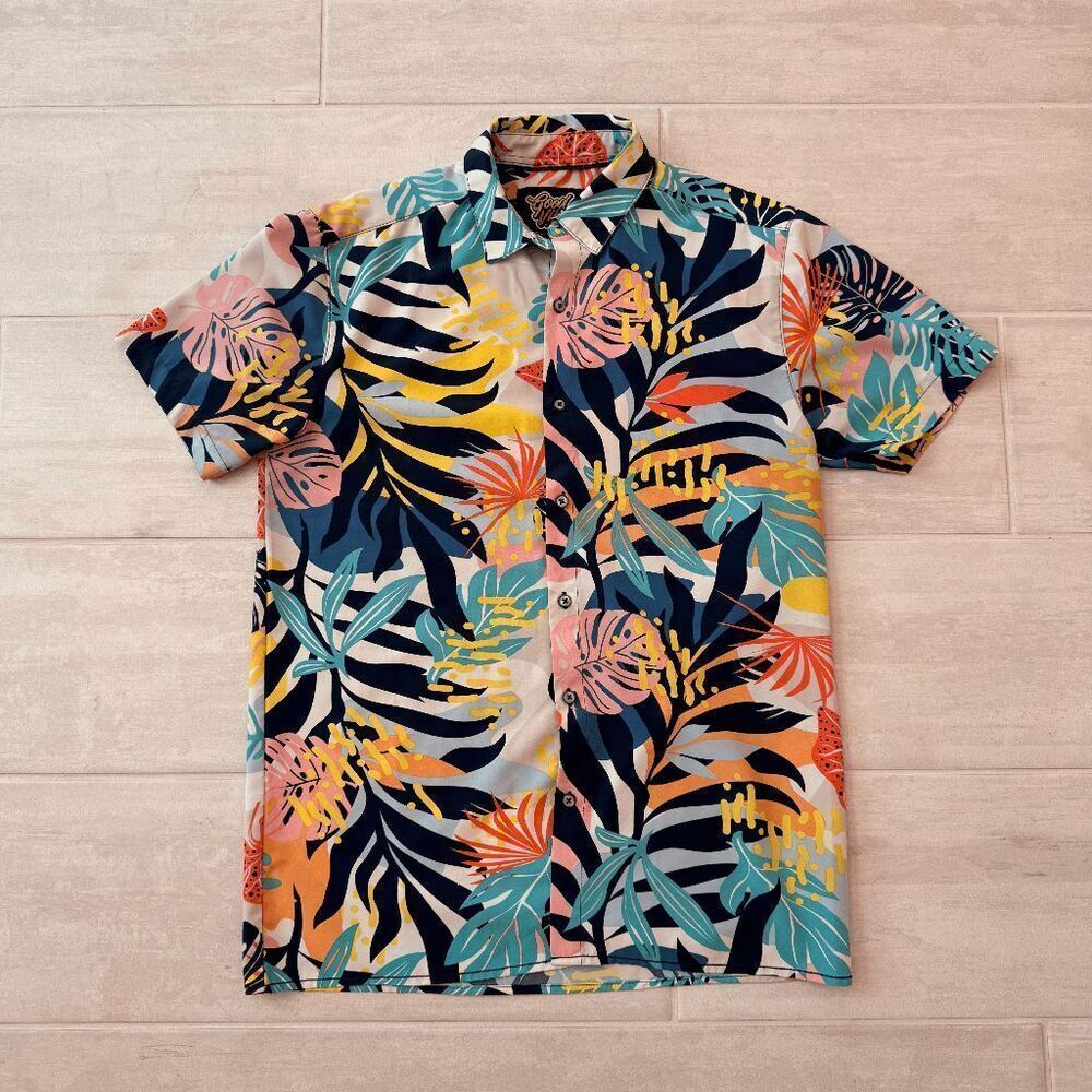 Good Vibes Men’s Small Floral Hawaiian Casual Resort Button Up T-Shirt Colorful